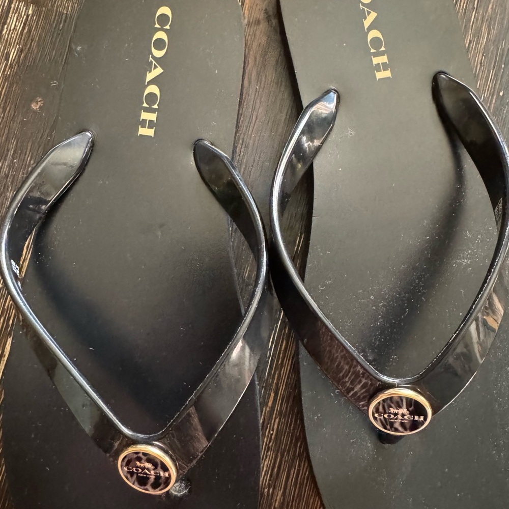 Coach Black Flip Flops with Gold Logo